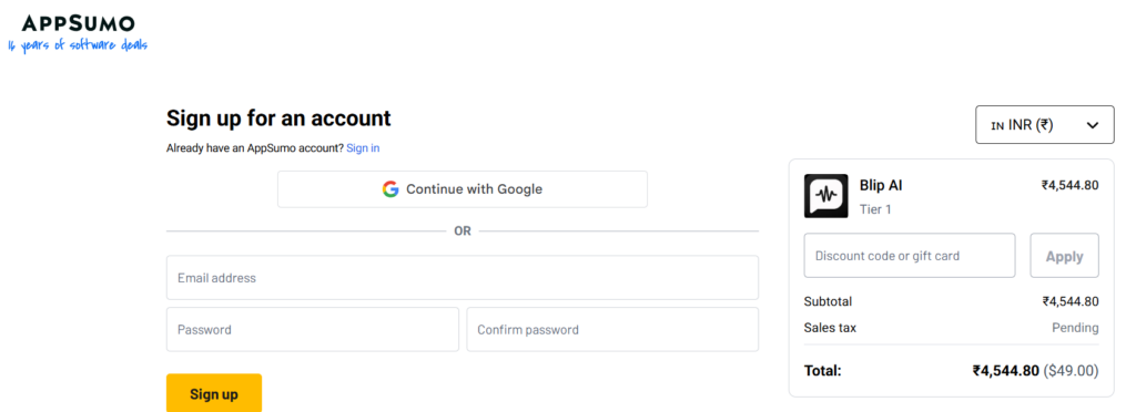 AppSumo Checkout page